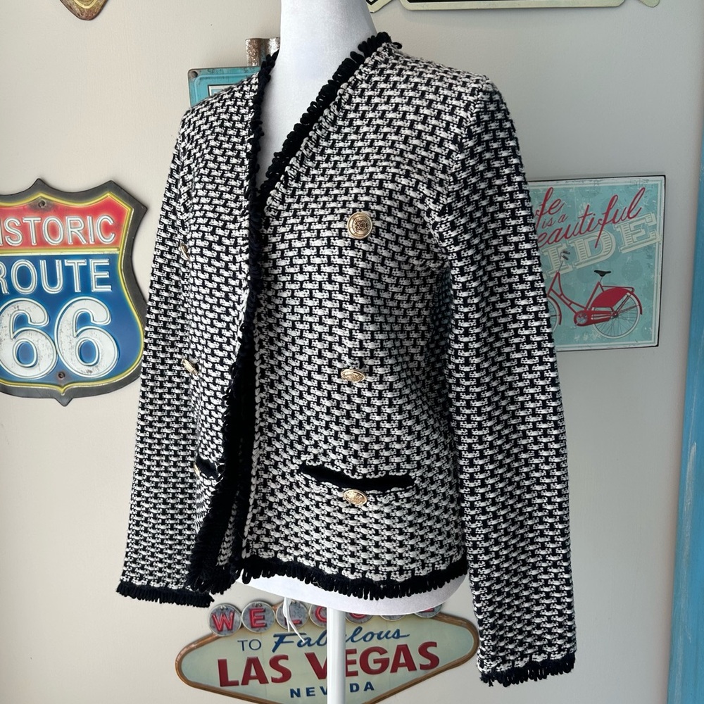 Tahari Bouclé Tweed Knit Gold Button Open Front Blazer Jacket Office Career Wear